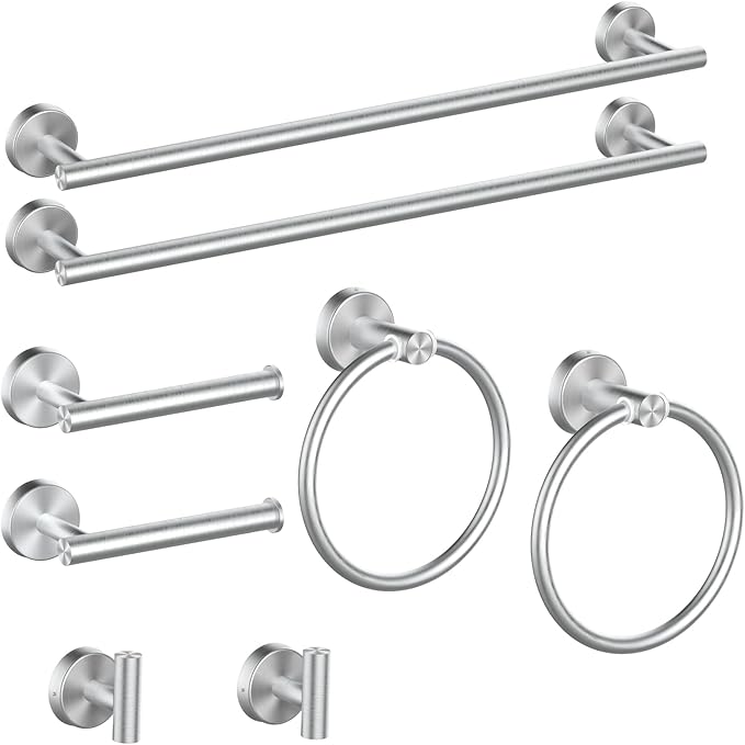 Cilee 8 Piece Brushed Nickel Bathroom Hardware Set, 24inch Bathroom Towel bar+Towel Ring+Toilet Paper Holder+ Robe Towel Hook, SUS304 Stainless Steel Bathroom Accessory Set-NeatNest