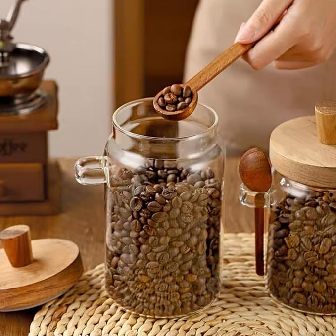 Glass Jar with Wooden Lid & Spoon, 27oz Food Storage Containers Coffee Jar Coffee Grounds Container, Glass Food Storage Canister (1 Pack)