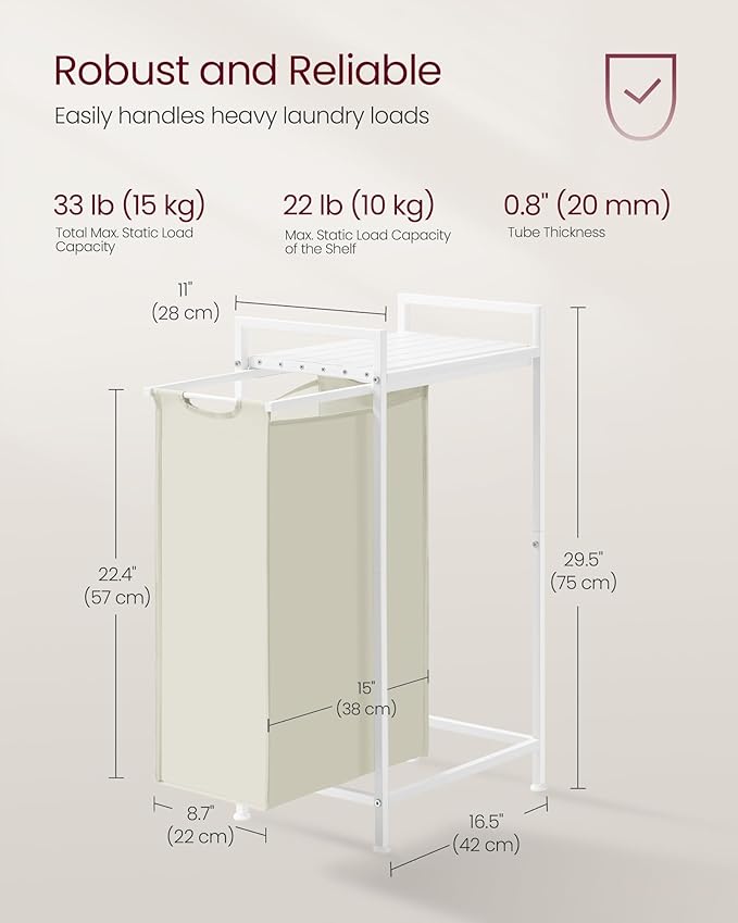VASAGLE Laundry Hamper, Laundry Basket, Laundry Sorter with a Pull-Out and Removable Bag, Shelf, Metal Frame, 12.4 Gallons (47 L), 16.5 x 11 x 29.5 Inches, Cream White and Cloud White UBLH001W01-NeatNest