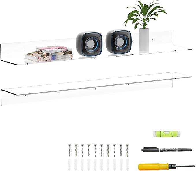 36 Inches Acrylic Wall Shelves 2 Pack, Floating Shelf for Wall Mounting, Acrylic Display Ledges for Funko Pop Figures, Home Décor, Living Room, Gaming Room, Plants(36 inch, Clear)-NeatNest