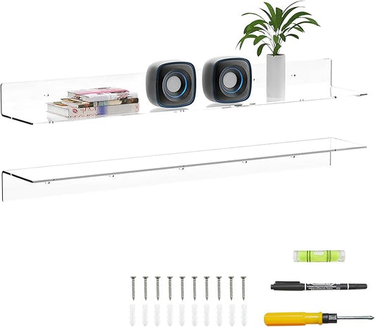 36 Inches Acrylic Wall Shelves 2 Pack, Floating Shelf for Wall Mounting, Acrylic Display Ledges for Funko Pop Figures, Home Décor, Living Room, Gaming Room, Plants(36 inch, Clear)-NeatNest