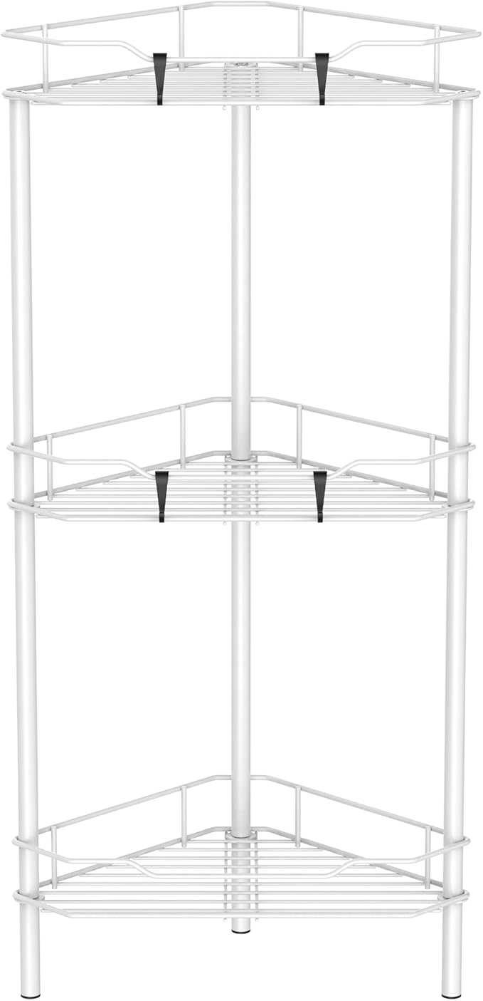 3 Tier Floor Standing Corner Shower Caddy Organizer Shelf with Hooks, Bathroom Shelves Stand Rack, White