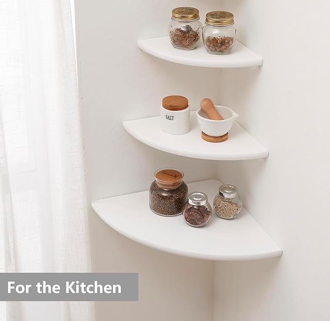 Corner Shelf, Solid Oak Wood Floating Corner Shelf Wall Mount Round End Floating Speaker with Wire Hole for Small Plant Photo for Bedroom Kitchen, Living Room White-NeatNest