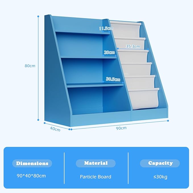 Blue 4 Tier Kids Wooden Bookshelf,Five Layer Sling Bookcase,Baby Storage Book Rack,Child Book and Toy Organizer Cabinet Chest,Toddler Book Display Playroom Kids Room Bedroom Classroom Nursery Library-NeatNest