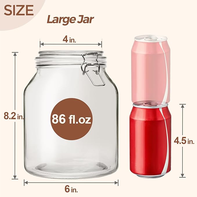 ComSaf Glass Jars with Airtight Lid 86 oz, Wide Mouth Mason Jars, Canning Jars, Large Glass Storage Containers with Lids, Flour Sugar Storage Containers, Large Canister for Rice, Pickle, Set of 2-NeatNest