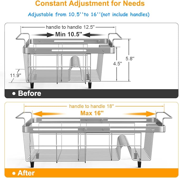 Orgneas Capacity Expandable Dish Drying Rack in Sink, Stainless Steel Rustproof Over Sink Dish Drainer Rack with Utensil Holder for RV Kitchen Counter, Fit for Interior Width 10.5''~17'' Sinks