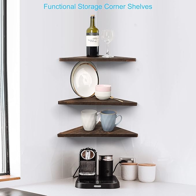 Joiishom Corner Wall Shelf Set of 3, Floating Corner Shelves, Rustic Wood Wall Storage Display Shelves for Living Room, Bedroom, Bathroom, Kitchen (Dark Brown)-NeatNest