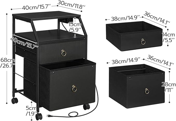 HOOBRO 2-Drawer Mobile File Cabinet, Filing Cabinet with Charging Station, Rolling Printer Stand with Open Storage Shelf, fits A4/Letter-Size for Home Office, Nonwovens Drawer, Black BB10UWJ01