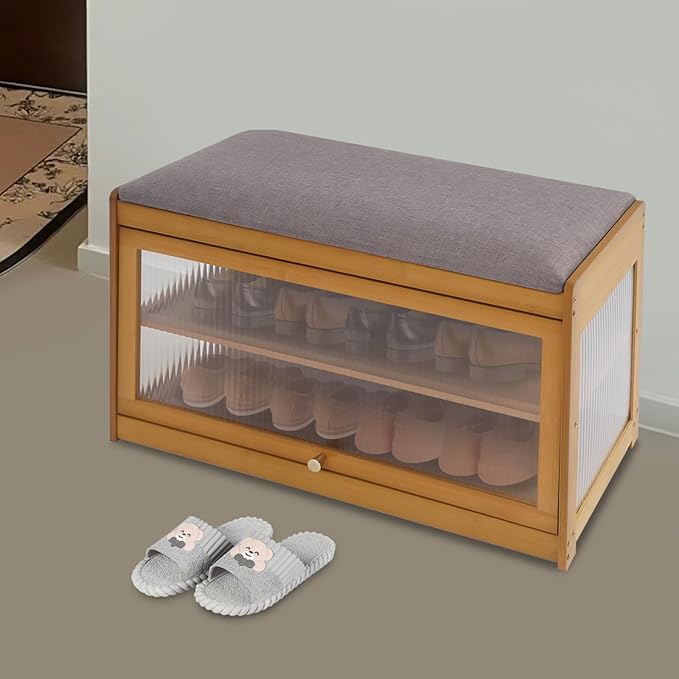 Eapmic Shoe Storage Bench, Entryway Shoe Rack Bench with Padded Seat Cushion, 2-Tier Shoe Cabinet, Bamboo Shoe Organizer for Hallway Bedroom Living Room Front Door (Brown, 27.56 * 12.6 * 16.53in)