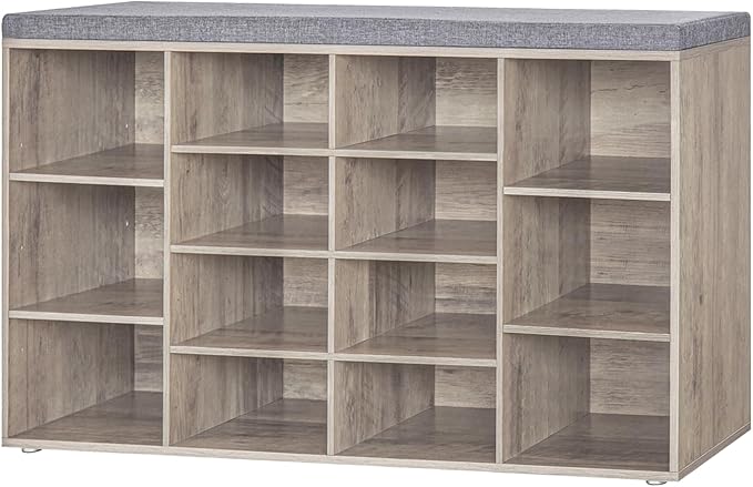 DINZI LVJ Shoe Storage Bench with Cushion, 14-Cubby Shoe Rack, Adjustable Shelves, Multifunctional Shoe Organizer Bench for Entryway, Mudroom, Hallway, Living Room, Bedroom and Garage, Greige-NeatNest