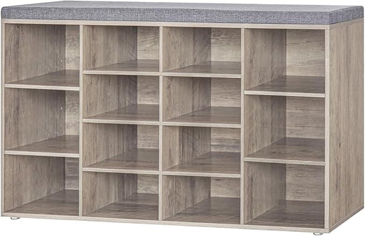 DINZI LVJ Shoe Storage Bench with Cushion, 14-Cubby Shoe Rack, Adjustable Shelves, Multifunctional Shoe Organizer Bench for Entryway, Mudroom, Hallway, Living Room, Bedroom and Garage, Greige-NeatNest