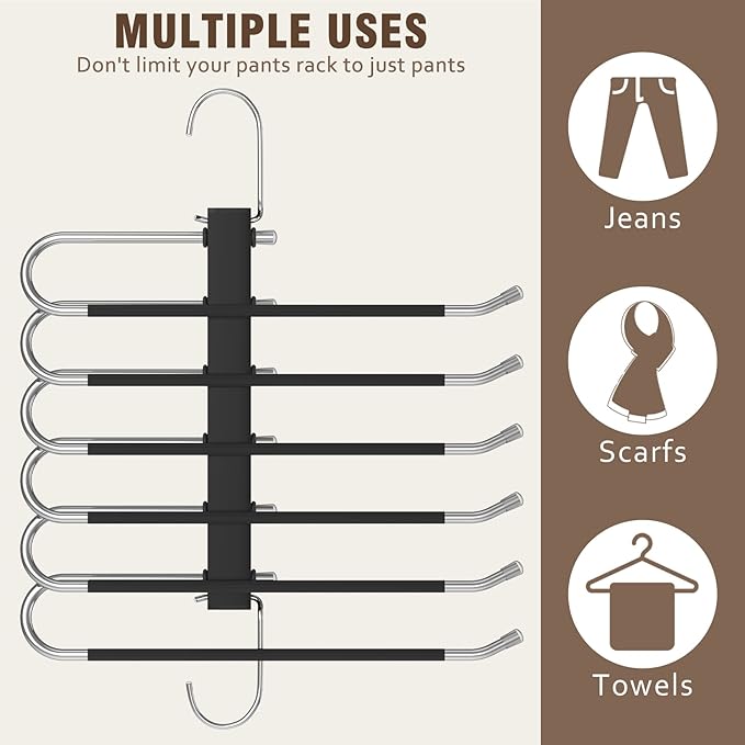 4 Pack 6-Tier Space Saving Pant Hangers, Anti-Slip, Lightweight, Stainless Steel, Black, 6 Pairs Jeans Hangers-NeatNest