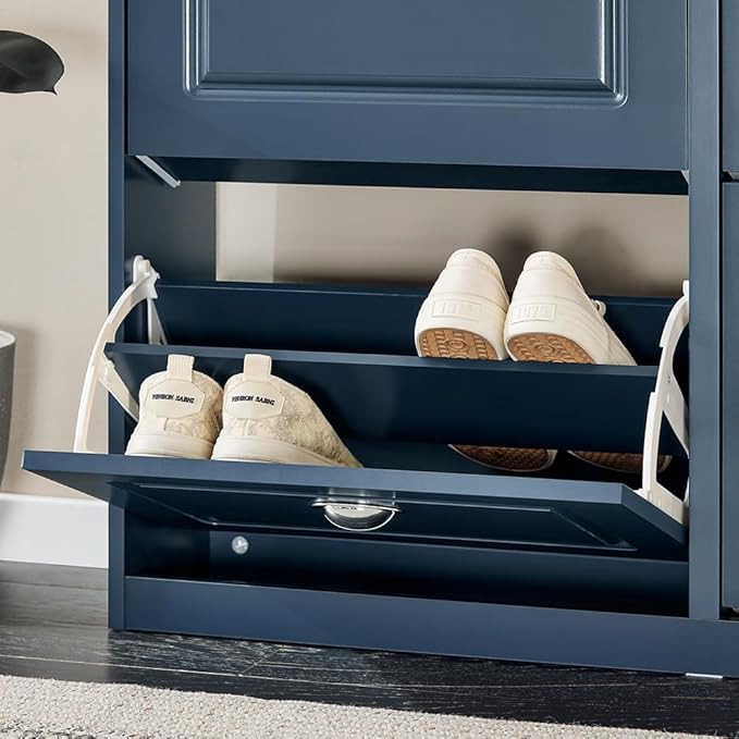 SoBuy Slim Shoe Cabinet, Shoe Rack with Doors, Shoe Storage Cupboard Organizer Unit for Entryway 2 Flip-Drawers, Hallway and Bedroom Navy FSR78-B (9.4" D x 21.3" W x 32.7" H)-NeatNest