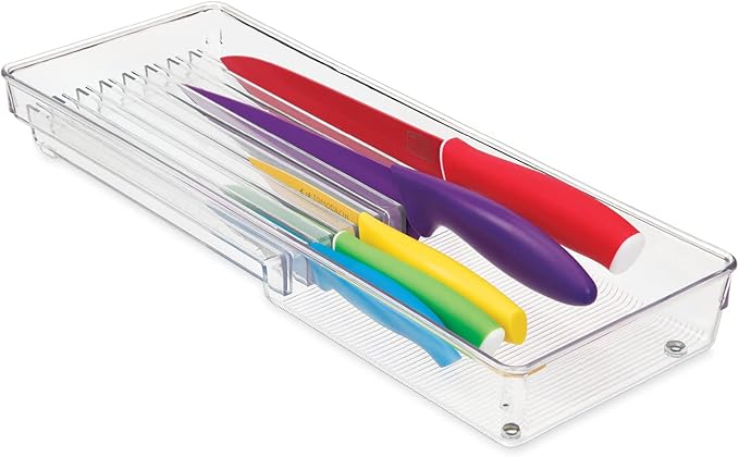 iDesign Linus Kitchen Knife Storage Drawer Organizer, Container for Countertop, Cabinet, Pantry - Clear, 16.5" x 6" x 2" - Clear-NeatNest
