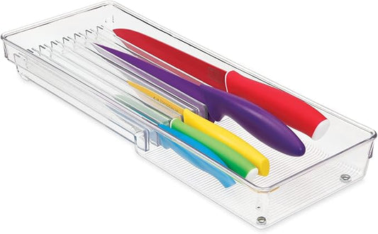 iDesign Linus Kitchen Knife Storage Drawer Organizer, Container for Countertop, Cabinet, Pantry - Clear, 16.5" x 6" x 2" - Clear-NeatNest