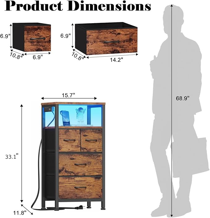 Furnulem Dresser for Bedroom, Tall Nightstand, Bedside Table with Charging Station, LED Light, Fabric Bins, Night Stand with Wood Shelf, Small Furniture for Entryway, 33 Inch (4 Drawer, Rustic Brown)