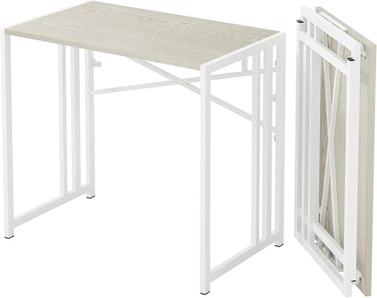 35 inch Small Folding Desk, Writing Gaming Computer Camping Desk for Small Spaces, No Assembly Required Home Office Table, Natural and White-NeatNest