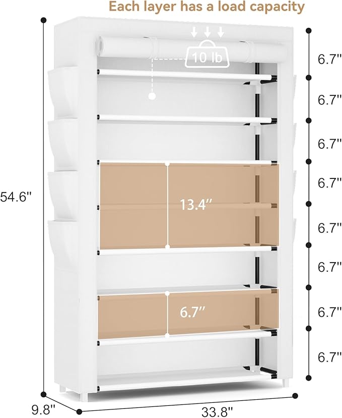 Shoe Rack with Cover, 8 Tier Tall Shoe Organizer Storage for 36-45 Pair Shoes and Boots Large Shoe Storage Shelf Free Standing Shoe Rack for Closet, Front Door Entrance, Dorm, Garage, White-NeatNest