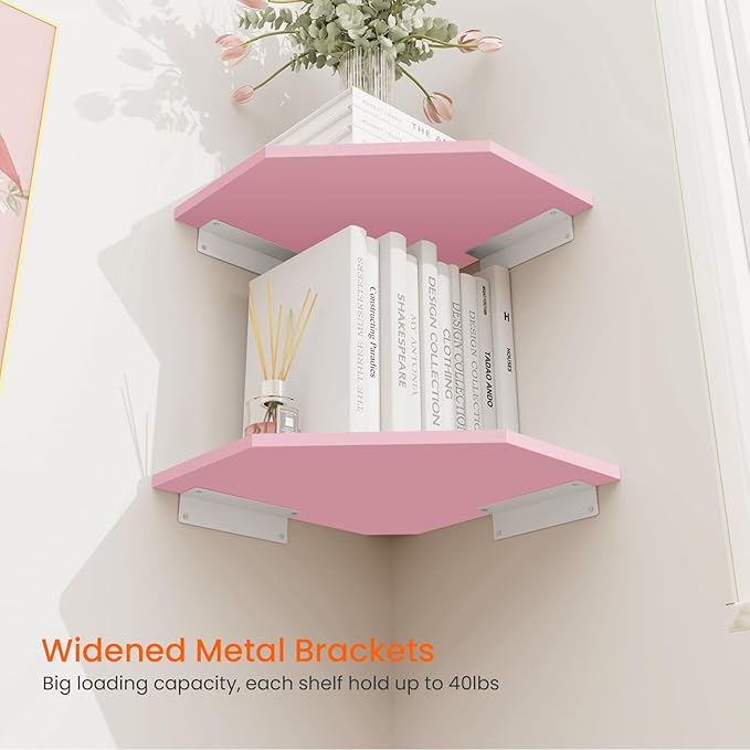 Homode Corner Shelf Wall Mount, Set of 4 Corner Floating Shelves, Wood Hanging Storage Shelving with Cord Hole, Wall Shelf Organizer for Bathroom Bedroom Living Room Office, Pink-NeatNest