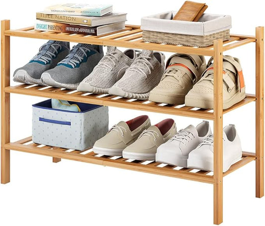 3-Tier Bamboo Shoe Rack for Entryway, Stackable | Heavy Duty | Multi-Function, Free Standing Shoe Racks for Bedroom Hallway Closet-NeatNest