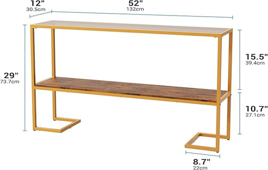 Console Sofa Table, 52" Modern Entryway Table, 2-Tier Open Shelf with Tempered Glass, Metal Frame Behind Couch Table with Gold Metal Frame for Living Room Hallway Entrance, Brown-NeatNest