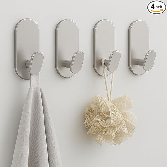 Adhesive Towel Hooks for Bathrooms 4 Pack Brushed Nickel Stainless Steel and Zinc Alloy Sticky Wall Hooks for Hanging Heavy Duty Self Adhesive Robe Shower Hanger for Kitchen, Closet, Cabinet, Door