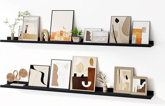 Floating Picture Ledge Shelves for Wall Set of 2, 55 Inches Picture Shelf with Ledge, Nursery Book Shelf for Toys Storage Kids Bookshelf Wall Mounted Living Room Bedroom Decor Frames, Black-NeatNest