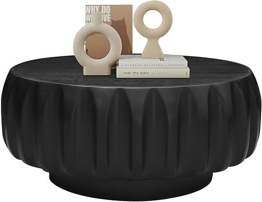 31.5" Drum Coffee Table Modern Unique Fluted Tea Table Contemporary Wood Round Coffee Table with Fluted Centry Table for Living Room Black