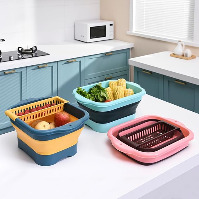 2.77 Gallon (10.5L) Collapsible Dish Basin with Drain Plug, Outdoor Multiuse Foldable Sink Tub, Dishpan, Wash Basin, Portable Kitchen Storage Tray for Camping, RV, Beverage Bucket (Yellow)