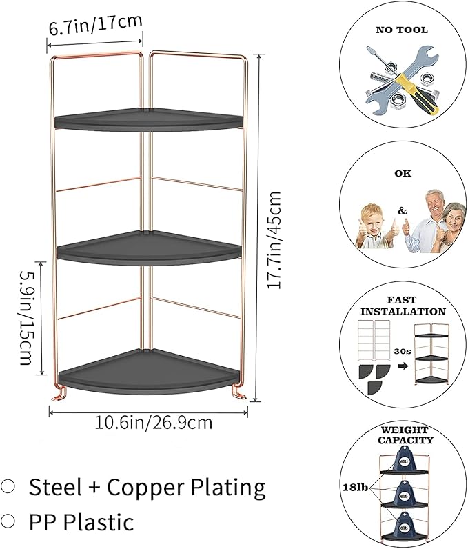 3-Tier Bathroom Countertop Organizer, Vanity Tray Cosmetic & Makeup Storage, Kitchen Spice Rack Standing Shelf, Corner Storage Shelf, Black & Rose Gold-NeatNest