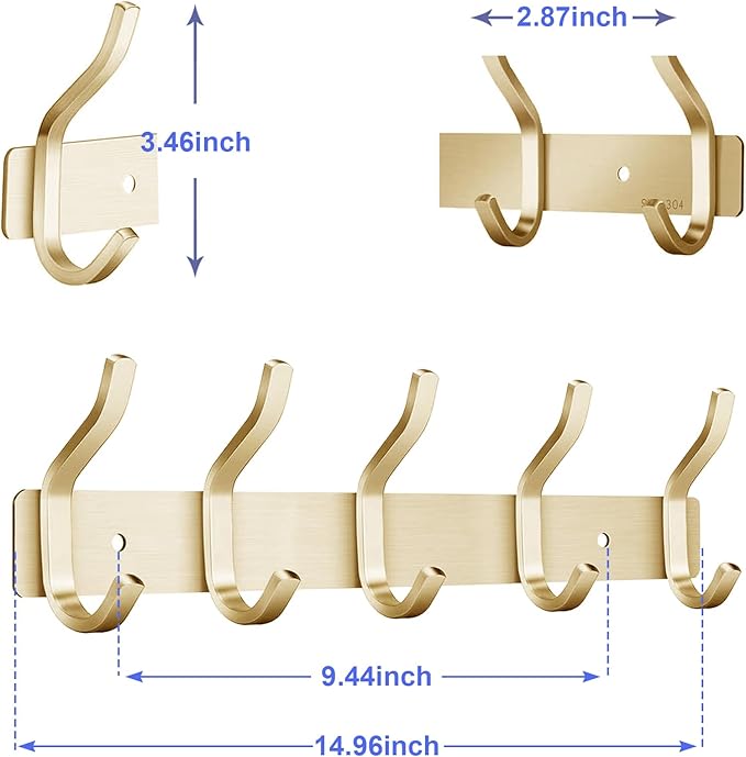 AZW Coat Rack Wall Mount,Heavy Duty Stainless Steel Metal Coat Hooks Hanging for Robes Bags Keys Hat Clothes and Bathroom Door Towels Hanger(Brusshed Brass Gold 5 Hooks)-NeatNest