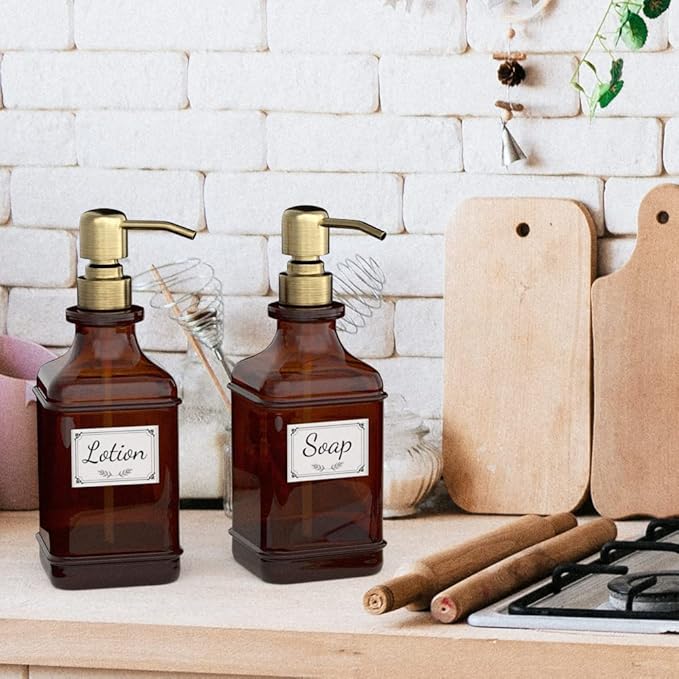GLADPURE Soap Dispenser 2 Pack, Hand Soap Dispensers with 18 Oz Antique Design Thick Amber Glass Bottle, 316 Rust Proof Stainless Steel Pump, 6Pcs Stickers, for Lotion, Soap - Brushed Gold-NeatNest