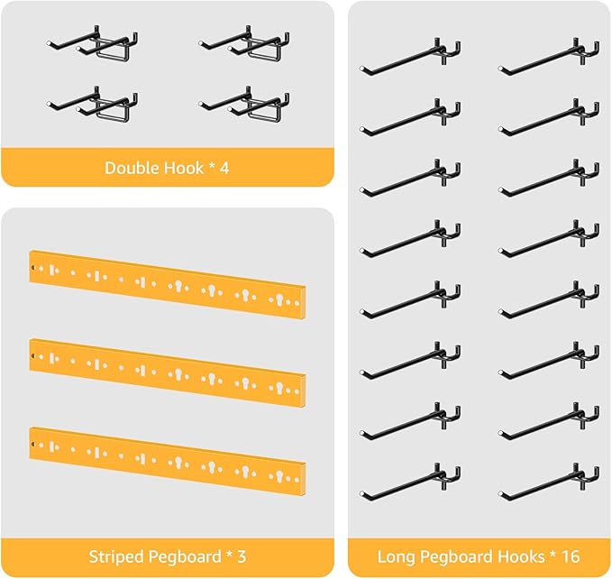 CCCEI 3 Modular Pegboard Strip Storage, Metal Peg Slat Wall Mount for Garage, Basement, Garden, Laundry Room Organization. Flexible Tool Organizer for Rake, Shovels, Crafting. Gifts for Men, Yellow.-NeatNest