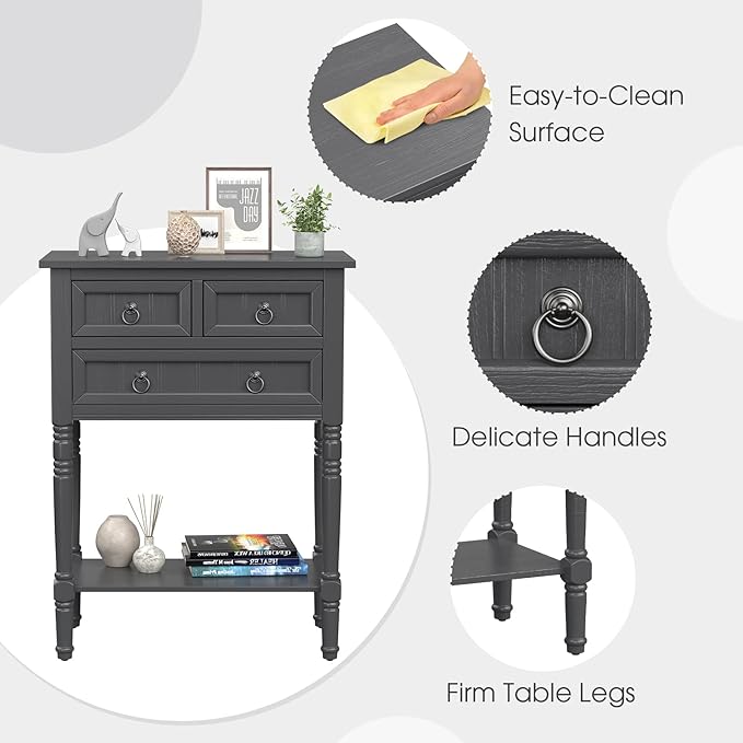 Giantex Console Table with 3 Drawers, 24" Rustic Entryway Table with Storage, Open Bottom Shelf, Compact Hallway Table, Small Sofa Side Table for Living Room, Bedroom, Narrow Entry Table, Gray-NeatNest