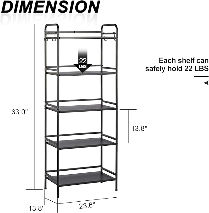 HDANI Storage Shelves, 5-Tier Metal Storage Rack with Shelf,Shelf Organizer,Garage Standing Shelving Unit for Laundry,Bathroom,Kitchen,Pantry, Closet,23.6''W X 13.8''D X 63''H,Black