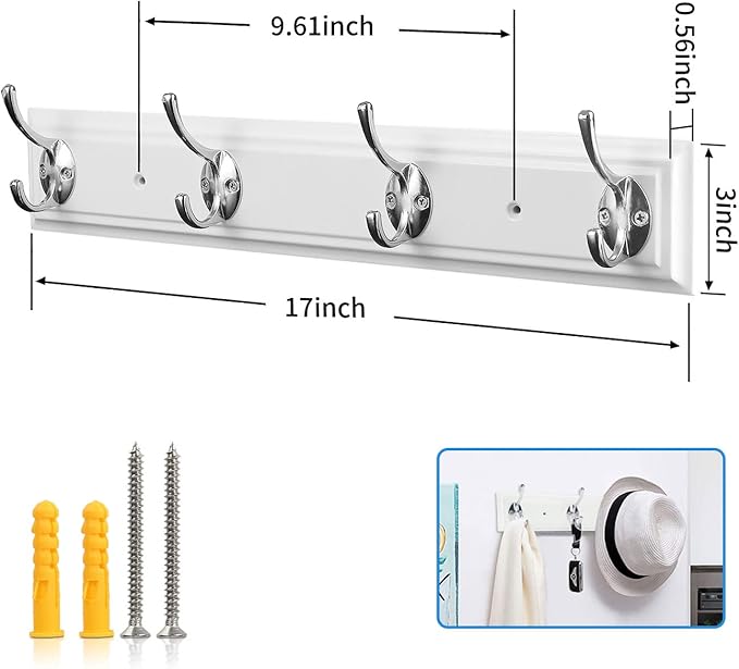Coat Rack Wall Mounted White, 17" Wooden Modern Wall Coat Hanger with 4 Hooks, Heavy Duty Zinc Alloy Wall Hook Rack for Hanging Coats, Keys, Bags, Great Touch for Bedroom Bathroom Kitchen-NeatNest