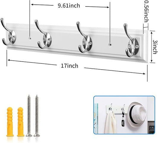 Coat Rack Wall Mounted White, 17" Wooden Modern Wall Coat Hanger with 4 Hooks, Heavy Duty Zinc Alloy Wall Hook Rack for Hanging Coats, Keys, Bags, Great Touch for Bedroom Bathroom Kitchen-NeatNest