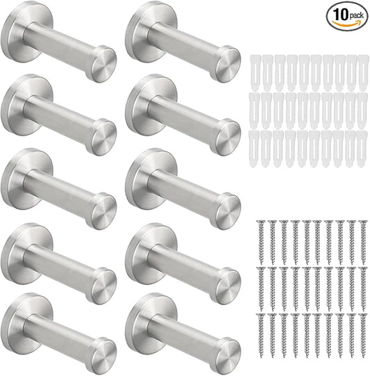 Bath Towel Hooks, 10 Pack Round Coat Hooks, Sturdy Wall Mounted Robe Hook, SUS 304 Stainless Steel Heavy Duty Clothes Hanger, Wall Towel Hooks for Bathroom Bedroom Kitchen(3 in, Brushed)