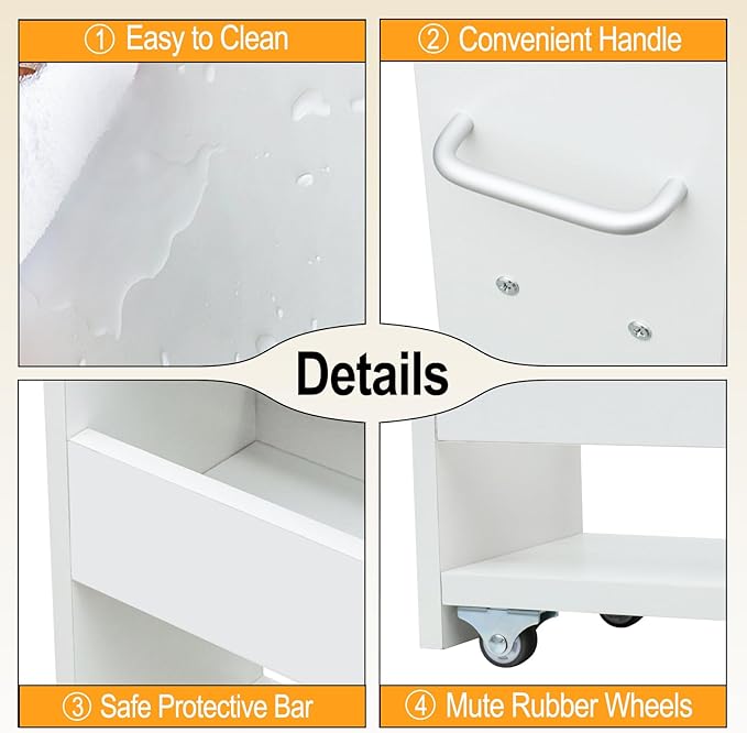 MARTY Wood Rolling Storage Cart 7.9" W, 3 Tier White Slim Utility Kitchen Cart on Wheels Laundry Room Bathroom Organizers Narrow Shelves with Handle Mobile Shelving Unit for Small Places