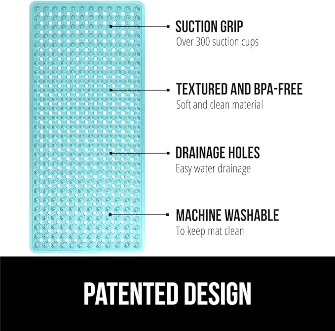 GORILLA GRIP Patented Bath Tub Shower Mat, Machine Washable Bathtub Floor Liner Mats, Suction Cups and Drain Holes to Keep Tubs Clean, Soft on Feet, Bathroom Essentials, 35x16 Inch, Clear Turquoise-NeatNest