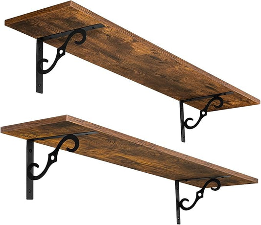 DINZI LVJ Long Wall Shelves, 31.5 Inch Large Floating Shelves Set of 2, Wide Display Shelf Wall Mounted with Brackets, Easy Hanging for Living Room, Toilet, Office, Bedroom, Rustic Brown-NeatNest