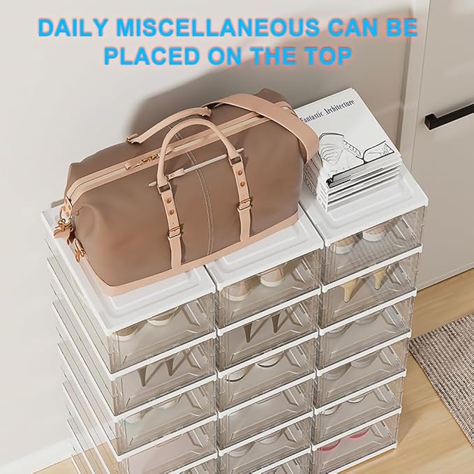 Foldable Shoe Rack Clear Collapsible Storage Box Size up to 16, Free Standing Bins Stackable Plastic with Lids Organizing Dustproof 6-Tiers-NeatNest