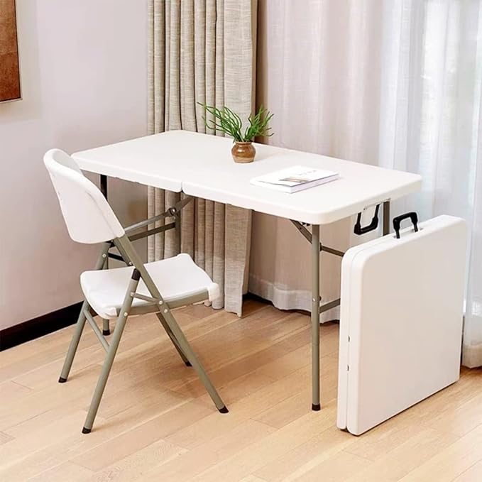 Folding Table 4 Foot Height Adjustable Fold-in-Half Table with Carrying Handle, Small Card Table Indoor Outdoor Use, White-NeatNest