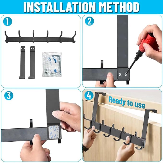 Adjustable Over The Door Hanger-6 Double Hooks, Over Door Coat Hooks, Suitable for Clothes, Hats, Keys, Towel