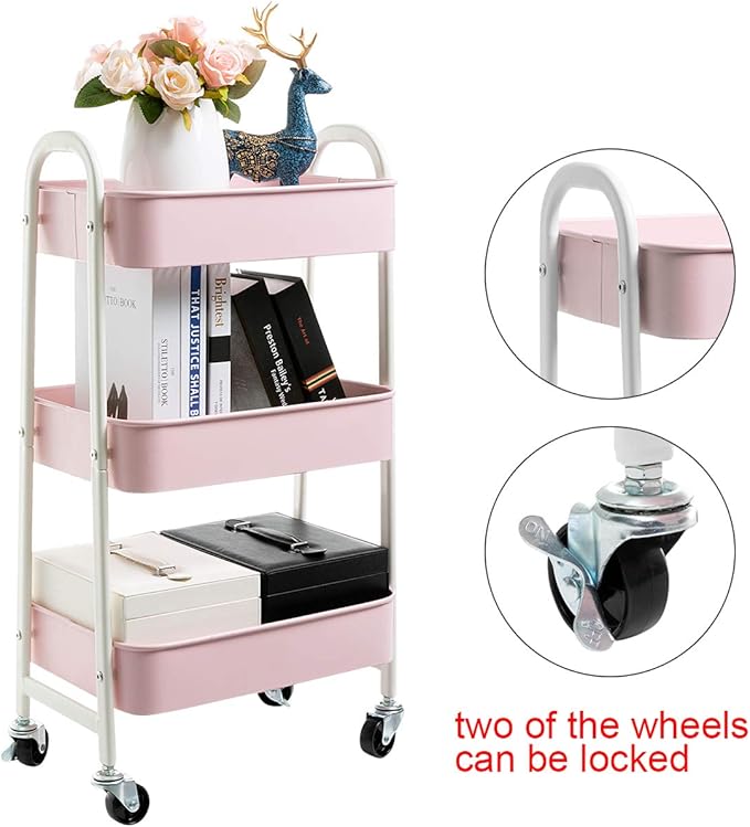 AGTEK Makeup Cart, Movable Rolling Organizer Cart, 3 Tier Metal Utility Cart, White - Pink-NeatNest