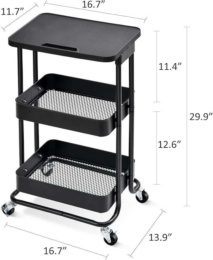TOOLF 3-Tier Metal Rolling Storage Cart with Tabletop, Utility Rolling Carts with Wheels,Trolley Organizer with Handle for Library Office Classroom Home Bedroom, Black