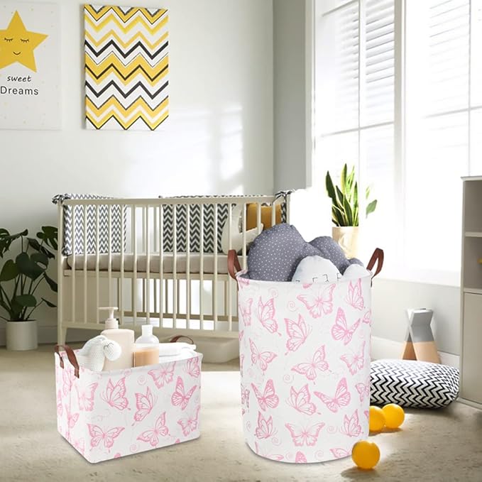 CLOCOR Rectangular Pink Basket, Collapsible Storage Bin, Waterproof Storage Box with Handles, Gift Organizer, Shelf Basket(Pink Butterfly)-NeatNest