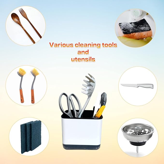 Kitchen Dish Brush Holder for Kitchen Sink,Utensil Drying Caddy,Scrubber/Bottle Brush/Sponge Holder,Kitchen Sink Counter Organizer has Removable Drain Tray,Plastic(Black and White)-NeatNest