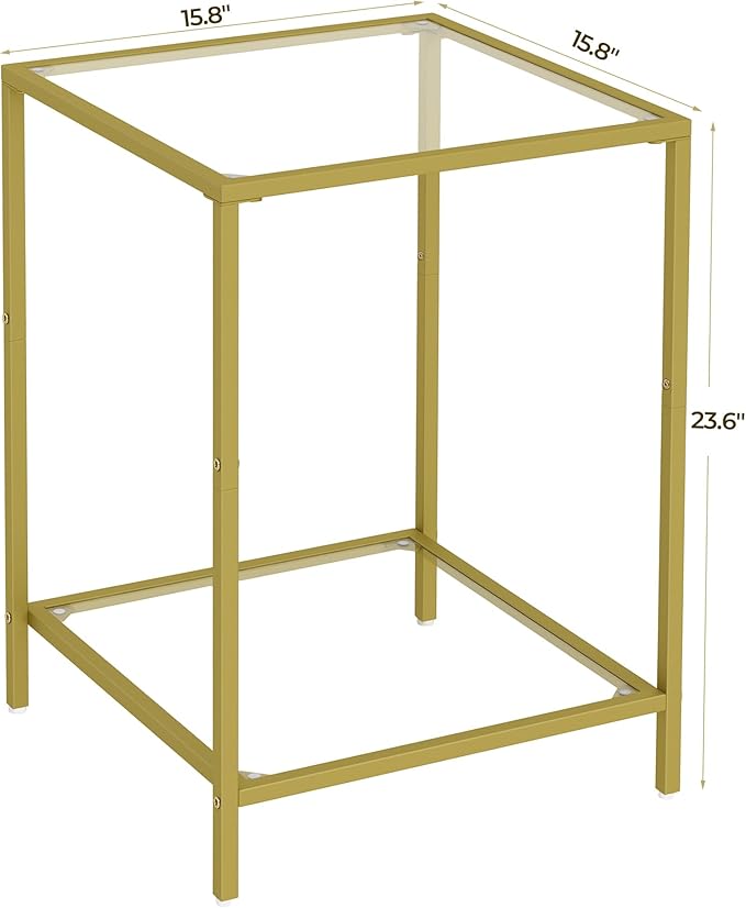 Side Tables Set of 2, End Table with Tempered Glass, 2-Tier Nightstands with Storage Shelves, Coffee Table with Modern Style, Square Sofa Table for Living Room, Bedroom, 15.7"D x 15.7"W, Golden
