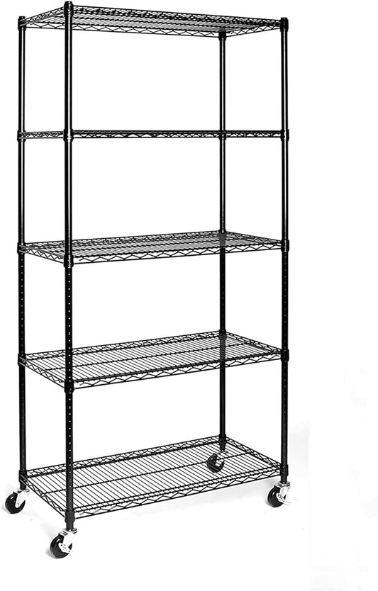 5 Tier Adjustable Storage Shelf Metal Storage Rack Wire Shelving Unit Storage Shelves with Wheels for Pantry Closet Kitchen Laundry Bathroom (Black-5-Tier)